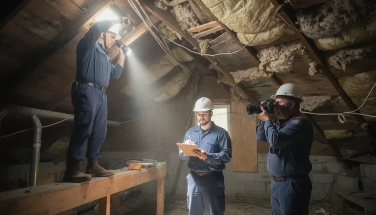 Trois inspecteurs immobiliers professionnels examinant un grenier pour détecter la présence d'amiante, avec un éclairage cinématographique mettant en valeur les textures de l'environnement.