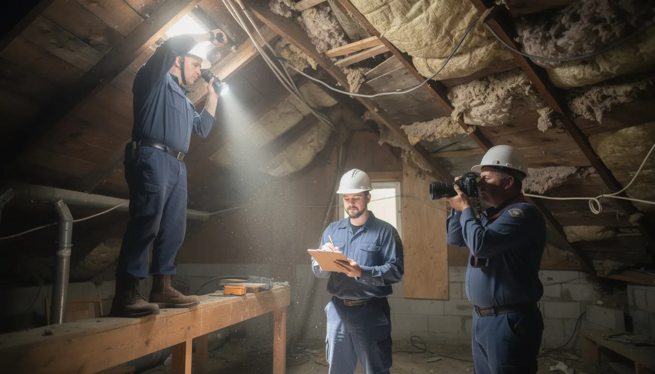 Trois inspecteurs immobiliers professionnels examinant un grenier pour détecter la présence d'amiante, avec un éclairage cinématographique mettant en valeur les textures de l'environnement.