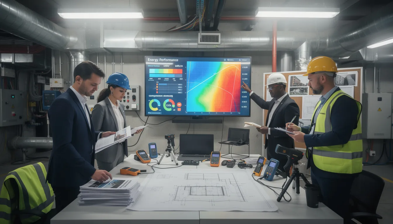 Un groupe de cinq professionnels en inspection d'un bâtiment industriel pour vérifier la conformité des performances énergétiques, avec des documents techniques et un écran montrant des métriques énergétiques.