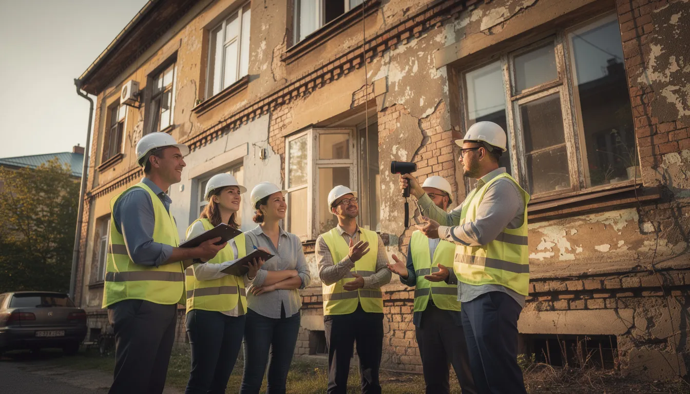 Équipe de cinq professionnels inspectant un immeuble résidentiel ancien pour des rénovations énergétiques, avec analyse thermique et prise de notes.