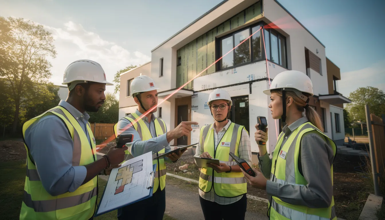 Cinq professionnels examinant un bâtiment résidentiel pour l'efficacité énergétique, discutant des rapports et utilisant des outils de mesure.
