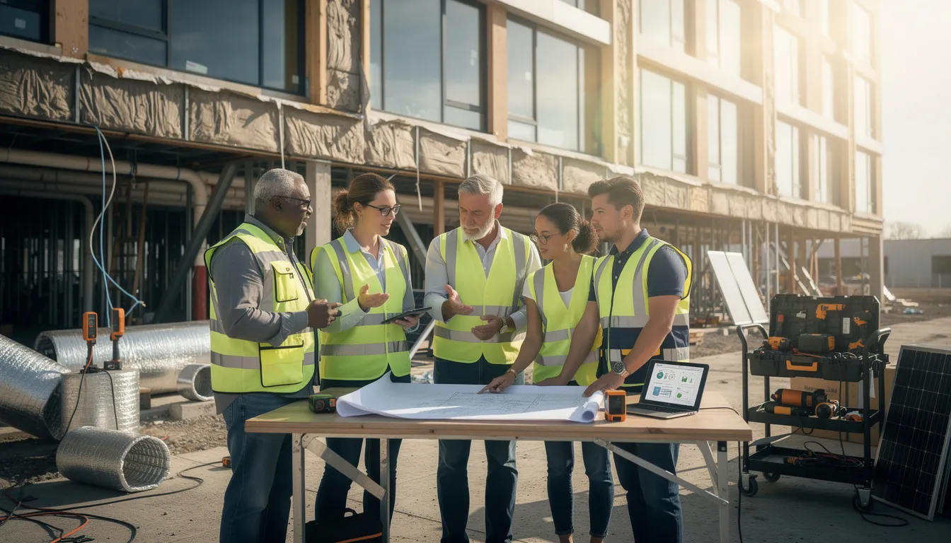 Équipe de cinq professionnels en gilets de sécurité inspectant un bâtiment pour des rénovations énergétiques sur un chantier, examinant des plans et utilisant des outils modernes.