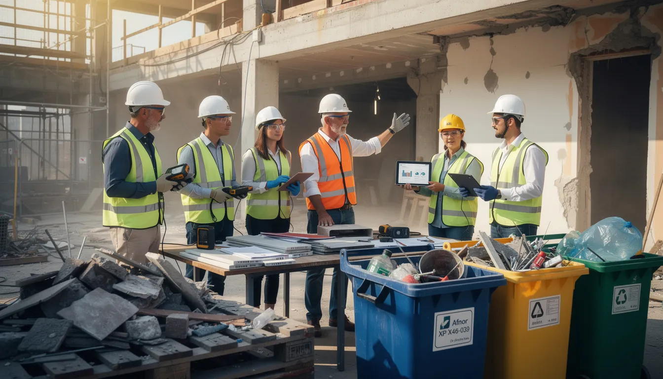 Professionnels inspectant un chantier de rénovation, appliquant la norme Afnor XP X46-039 pour le diagnostic des produits et déchets de construction.