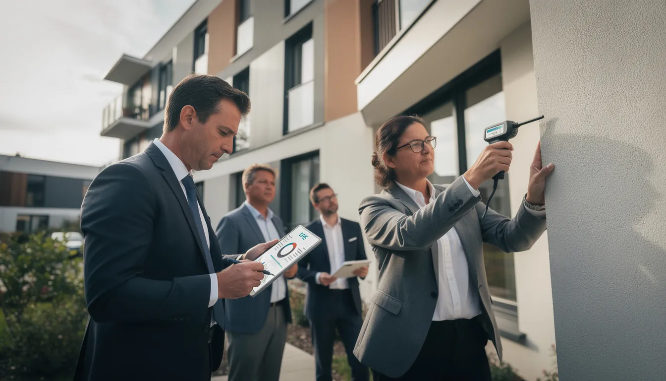 Professionnels inspectant un immeuble pour un diagnostic de performance énergétique avec des outils de mesure et prises de notes.