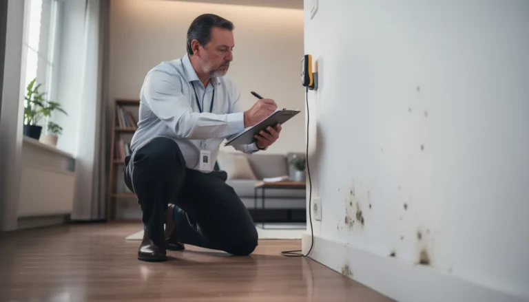 Un professionnel en train d'évaluer un environnement intérieur pour détecter l'humidité et les moisissures, avec des outils de diagnostic dans une pièce bien éclairée.