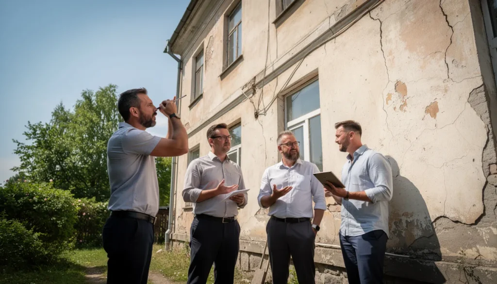 Quatre professionnels en train d'inspecter un bâtiment résidentiel pour des dommages structurels, avec un expert utilisant un outil de mesure et un autre prenant des notes sur une tablette.