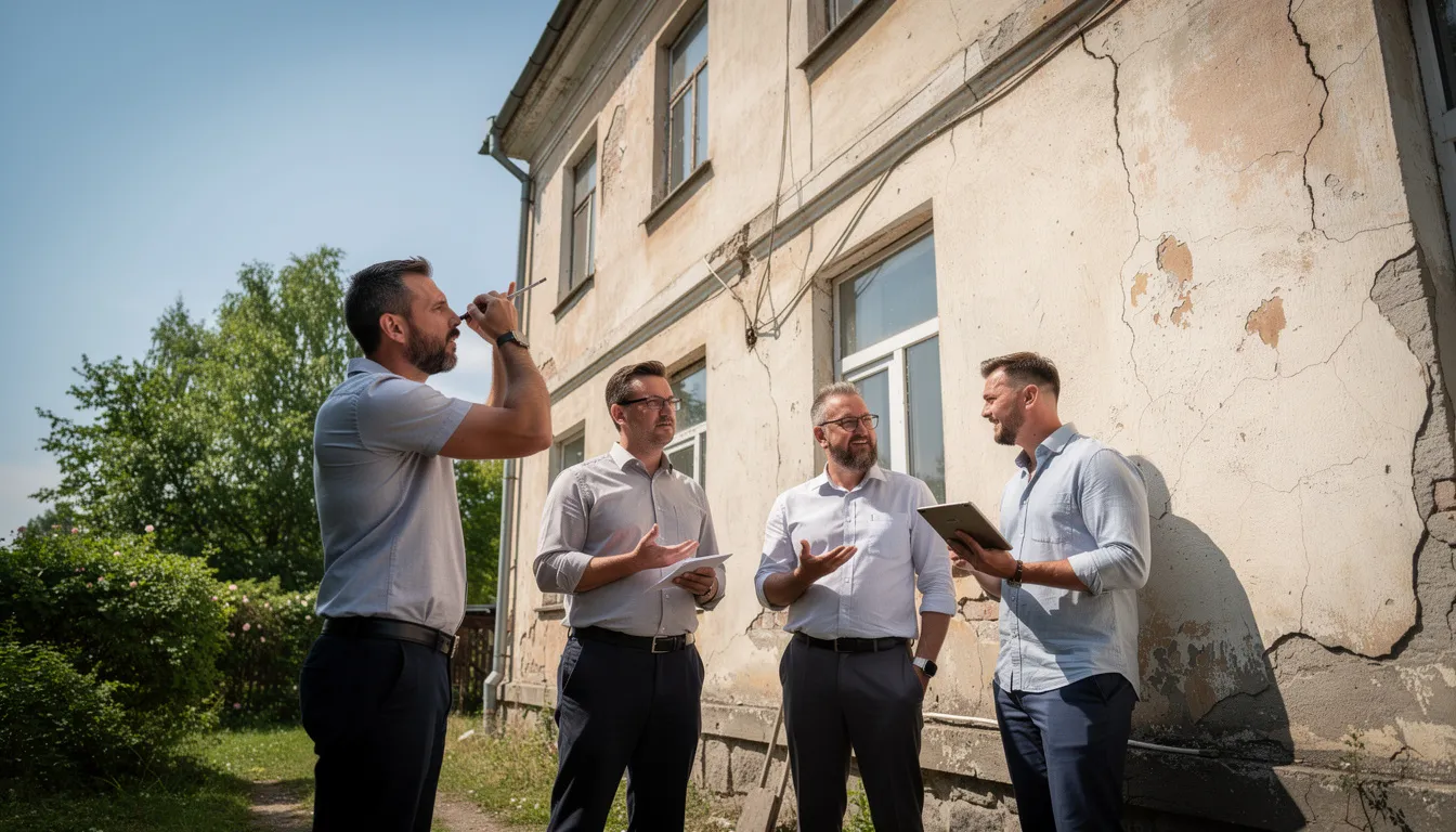 Quatre professionnels en train d'inspecter un bâtiment résidentiel pour des dommages structurels, avec un expert utilisant un outil de mesure et un autre prenant des notes sur une tablette.