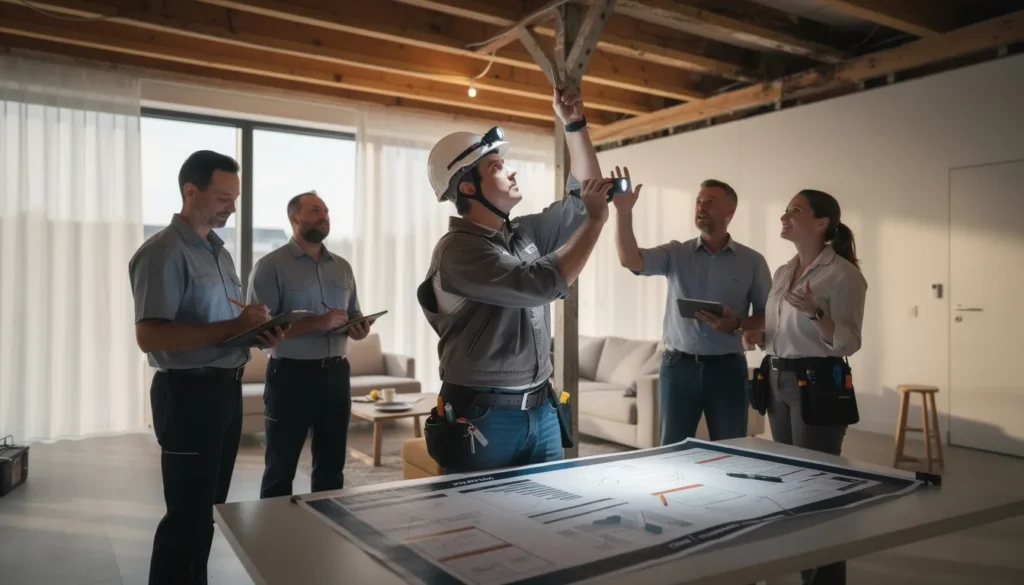 Équipe de diagnostiqueurs immobiliers inspectant des structures en bois dans un bâtiment résidentiel pour déceler la présence de mérule, avec des notes et un rapport détaillé sur la table.