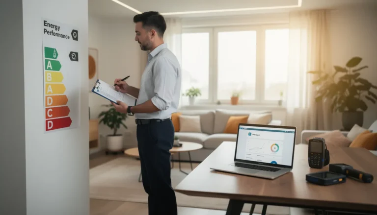 Un professionnel inspectant un bâtiment résidentiel pour un diagnostic de performance énergétique, avec des étiquettes sur le mur et un ordinateur portable à proximité.
