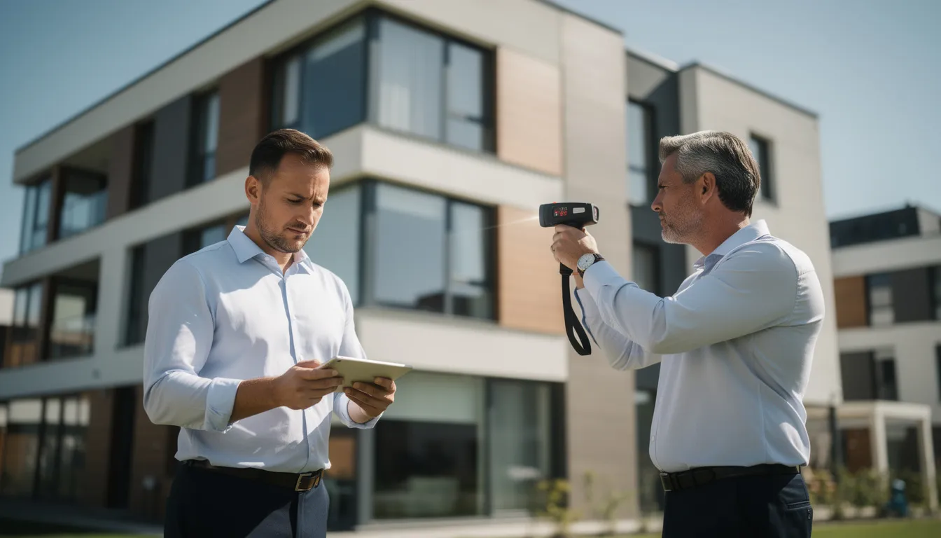 Deux professionnels évaluant la performance énergétique d'un bâtiment résidentiel moderne, avec une tablette et un outil de mesure laser.