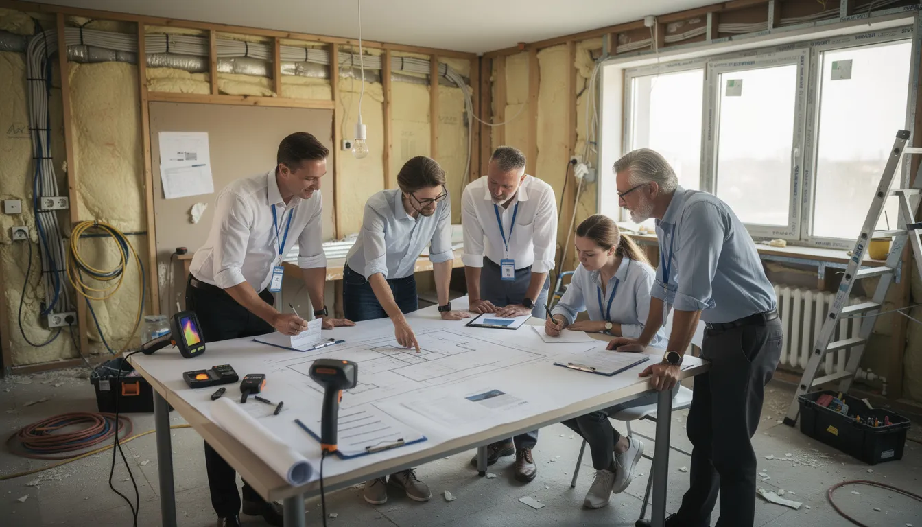 Professionnels inspectant un appartement en rénovation, discutant des améliorations énergétiques avec des plans techniques sur une table.