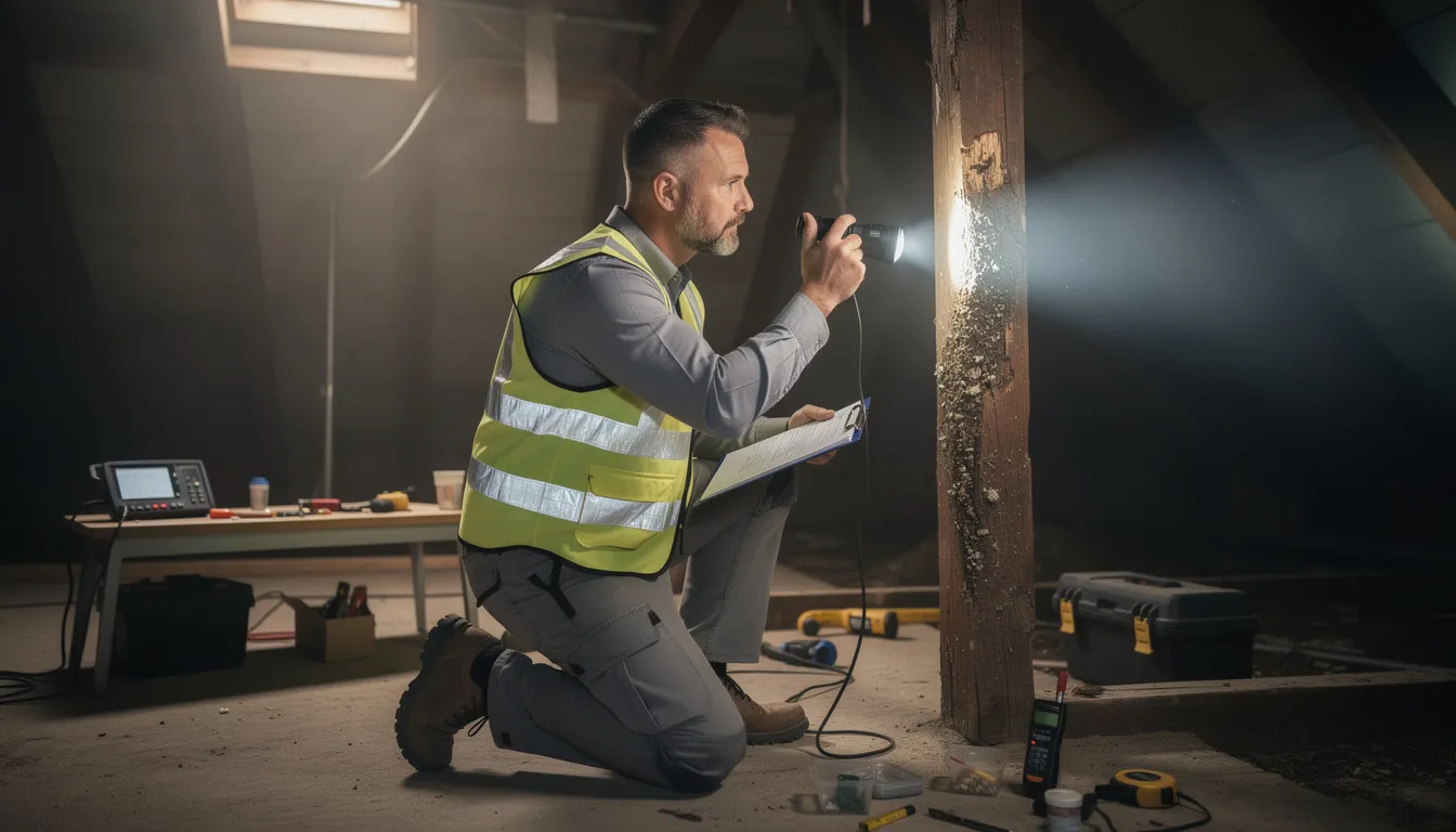 Inspecteur immobilier examinant une maison pour détecter des signes de mérule, utilisant une lampe de poche et prenant des notes, dans une ambiance professionnelle.