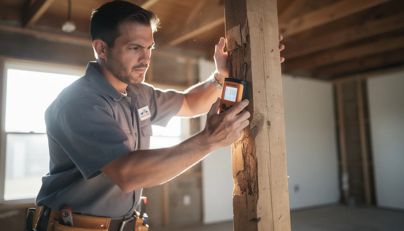 Un professionnel inspectant une maison pour détecter la mérule, utilisant un humidimètre sur des poutres en bois, dans une ambiance lumineuse et sérieuse.