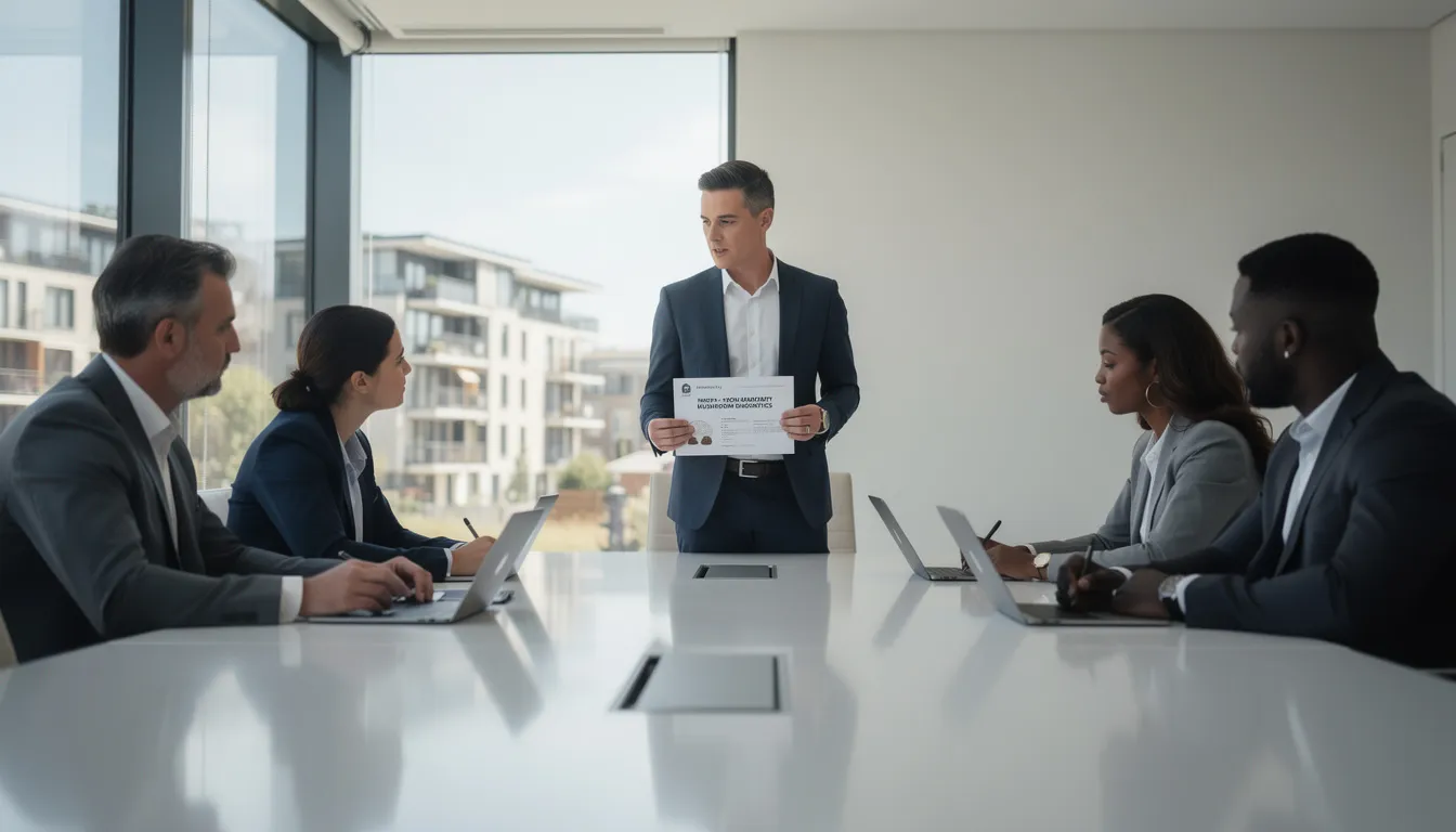 Groupe de cinq professionnels de l’immobilier dans une salle de conférence moderne discutant des enjeux des diagnostics de mérule lors des transactions immobilières.