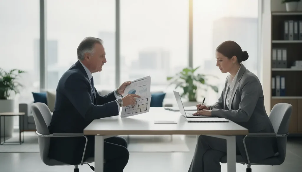 Deux experts en immobilier en réunion dans un bureau moderne, discutant des implications juridiques du volume habitable d'une transaction immobilière.