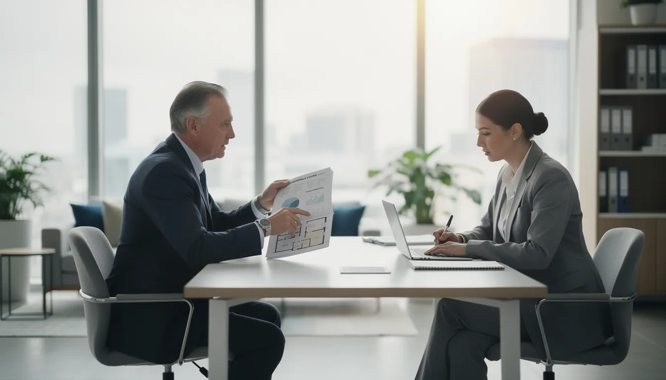 Deux experts en immobilier en réunion dans un bureau moderne, discutant des implications juridiques du volume habitable d'une transaction immobilière.