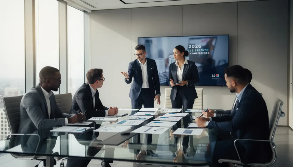 Cinq professionnels réunis dans une salle de conférence moderne discutant des prochaines assises sur le diagnostic immobilier de 2026, avec des graphiques et des documents sur la table.