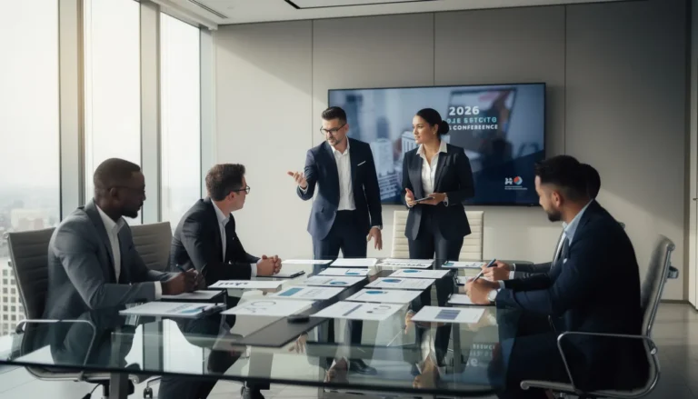 Cinq professionnels réunis dans une salle de conférence moderne discutant des prochaines assises sur le diagnostic immobilier de 2026, avec des graphiques et des documents sur la table.