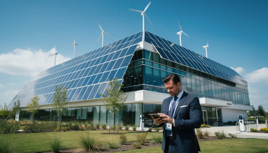 Un bâtiment moderne avec des panneaux solaires et des éoliennes, un professionnel inspectant la structure avec une tablette dans un environnement dynamique, illustrant la flexibilité énergétique.