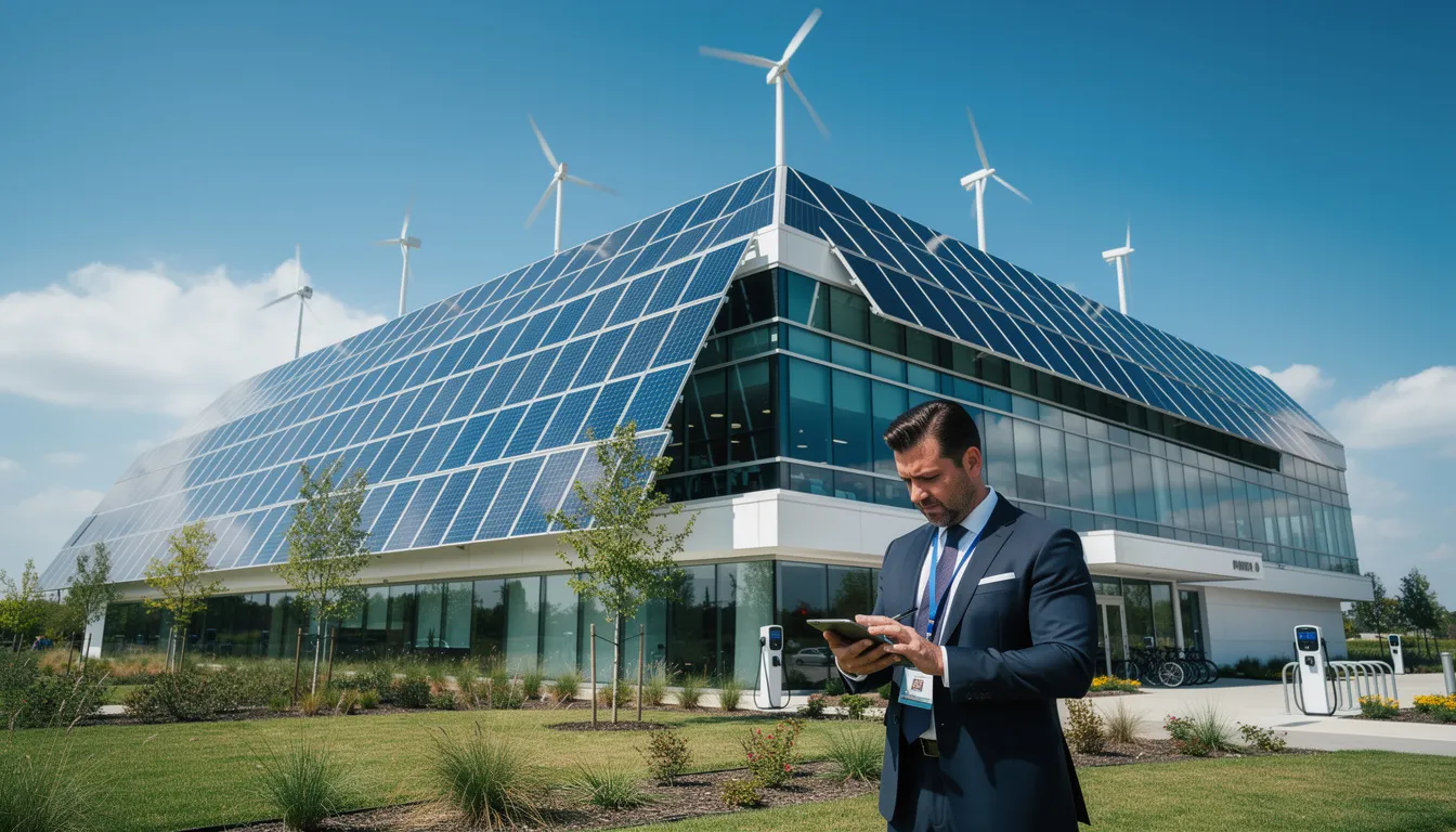 Un bâtiment moderne avec des panneaux solaires et des éoliennes, un professionnel inspectant la structure avec une tablette dans un environnement dynamique, illustrant la flexibilité énergétique.
