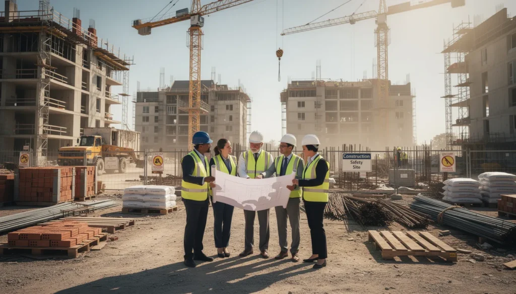 Professionnels sur un chantier de construction en discussion pour un projet de logements dans le cadre du plan gouvernemental pour 2 millions de logements d'ici 2030.
