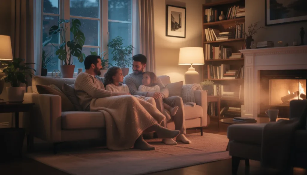 Une famille de quatre personnes dans un salon chaleureux, habillées de vêtements chauds, profitant d'une soirée d'hiver avec une ambiance conviviale malgré une température fraîche.