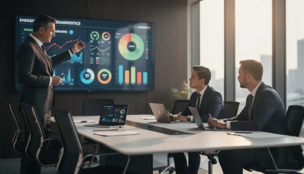 Trois professionnels en tenue formelle dans un bureau moderne discutant de diagnostics de performance énergétique avec des graphiques affichés sur un écran digital.