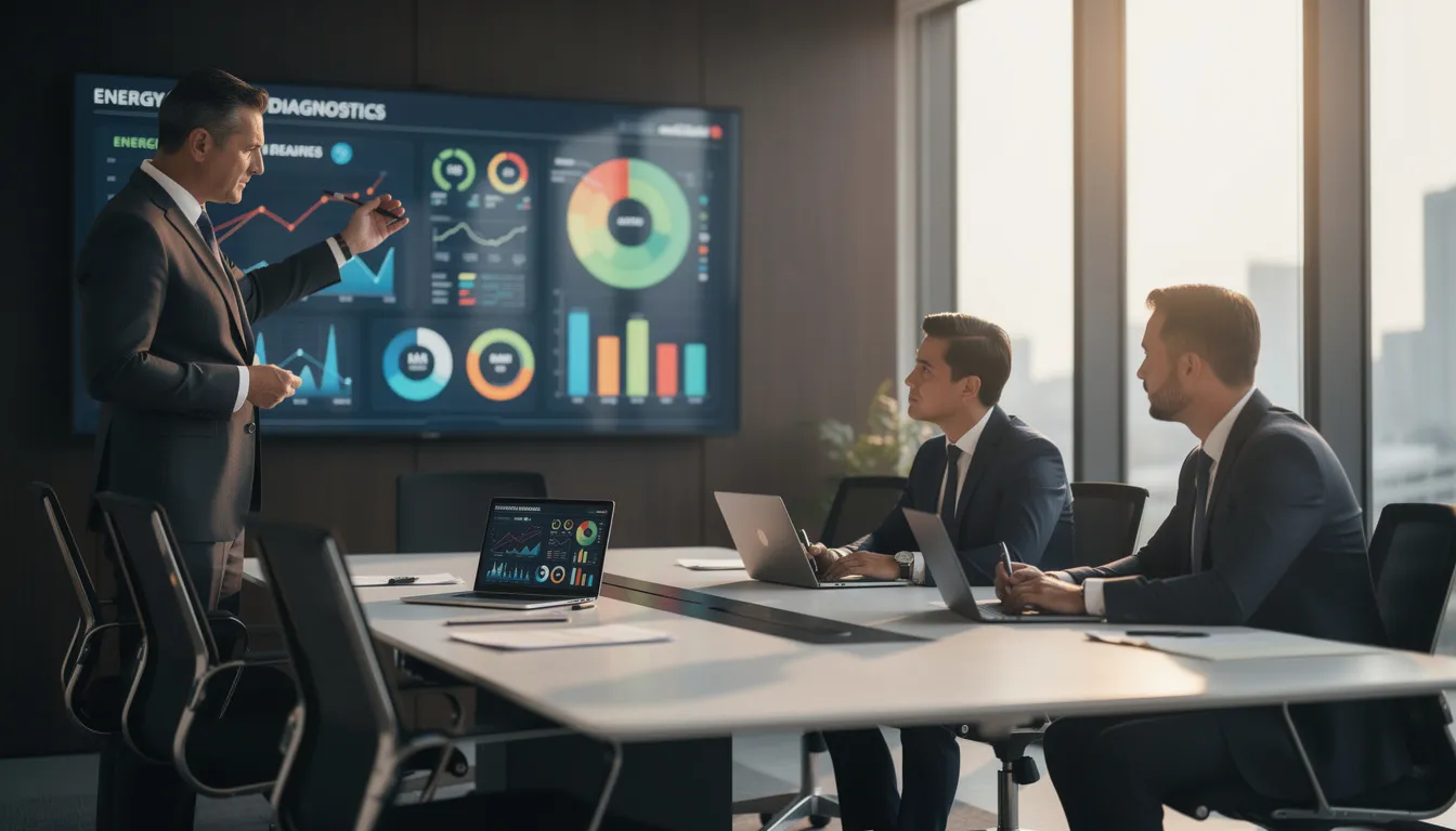 Trois professionnels en tenue formelle dans un bureau moderne discutant de diagnostics de performance énergétique avec des graphiques affichés sur un écran digital.