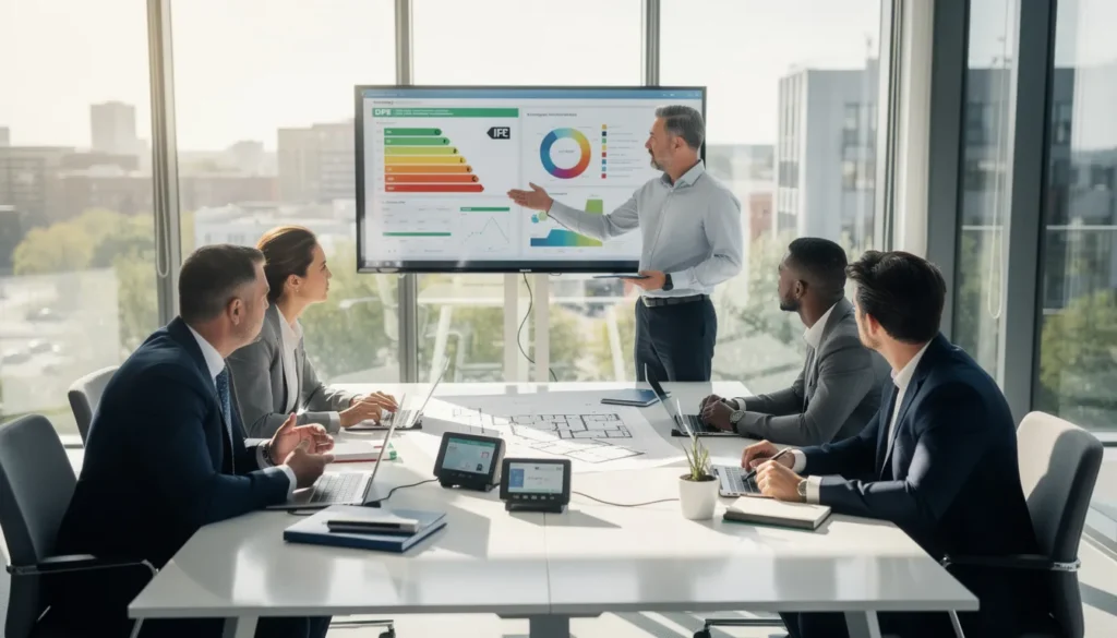 Cinq professionnels dans un bureau moderne en pleine discussion sur les diagnostics de performance énergétique, avec un rapport affiché à l'écran.