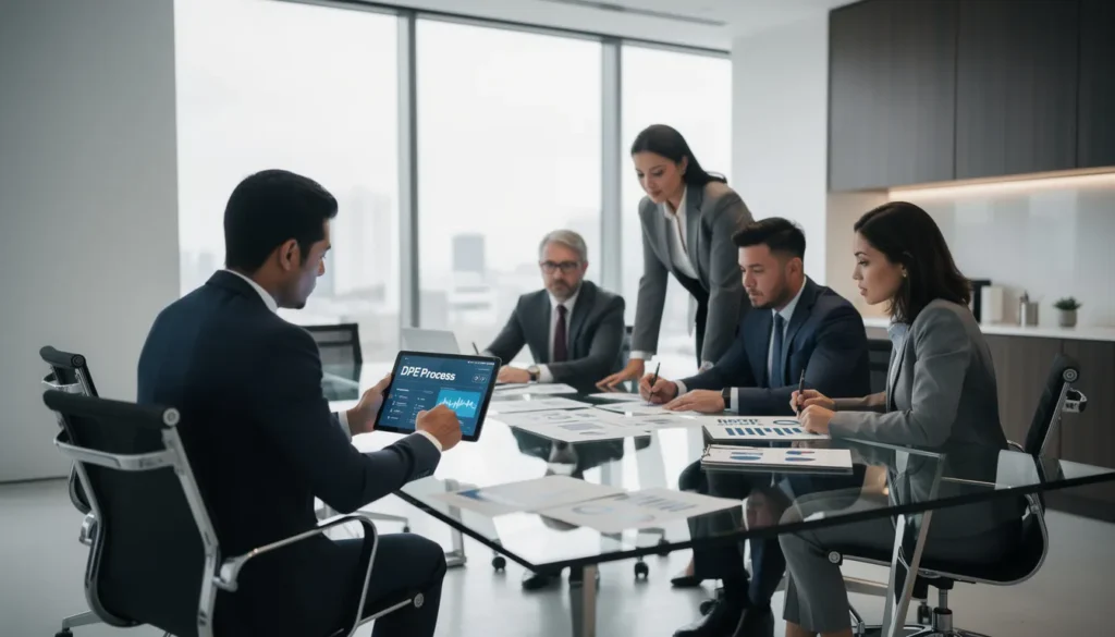 Un groupe de cinq professionnels engagés dans une discussion autour du diagnostic de performance énergétique dans un bureau moderne, avec des documents et des tablettes.