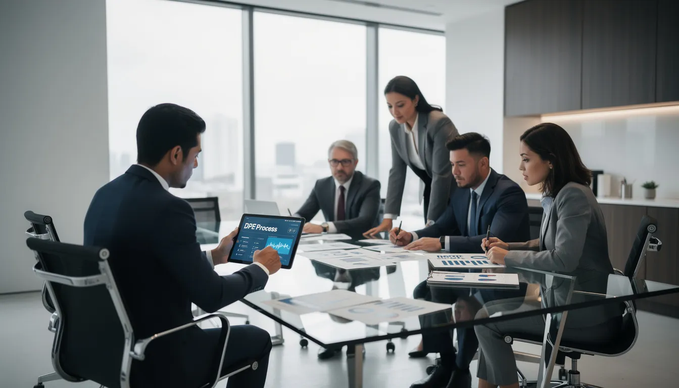 Un groupe de cinq professionnels engagés dans une discussion autour du diagnostic de performance énergétique dans un bureau moderne, avec des documents et des tablettes.