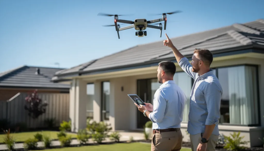 Un drone survolant une propriété résidentielle pour une inspection aérienne, avec un professionnel utilisant une tablette pour analyser les données.
