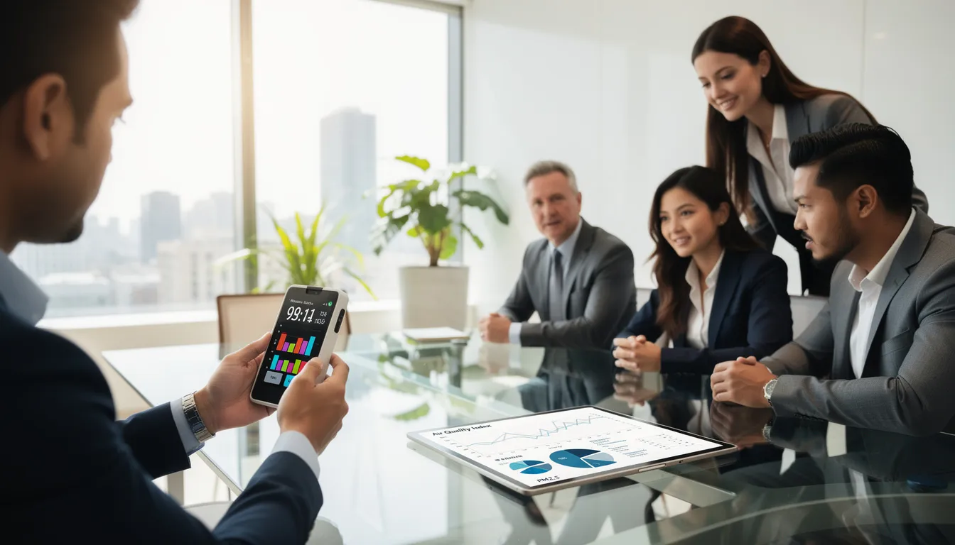 Cinq professionnels dans un bureau bien éclairé discutant des mesures de la qualité de l'air intérieur, avec un appareil de mesure et des graphiques sur une tablette.