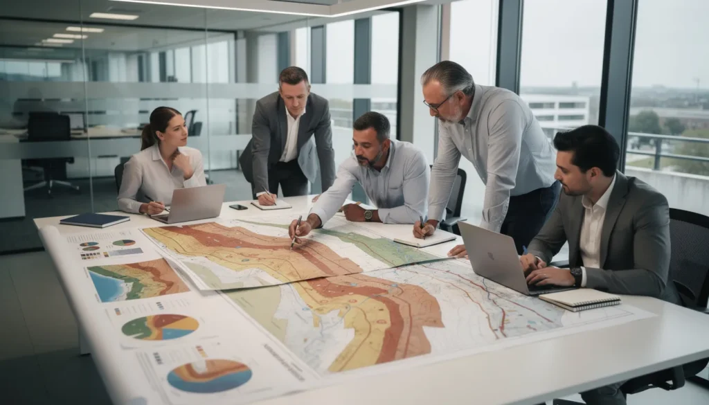 Une équipe d'experts en géothermie analysant des cartes géologiques et des tableaux dans un bureau moderne, mettant en avant le potentiel sous-exploité de cette énergie renouvelable en France.