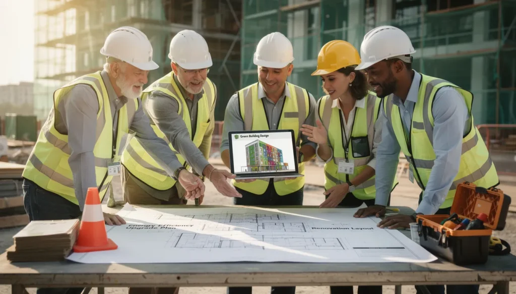 Une équipe de cinq professionnels sur un chantier de construction examinant des plans de rénovation pour améliorer l'efficacité énergétique.