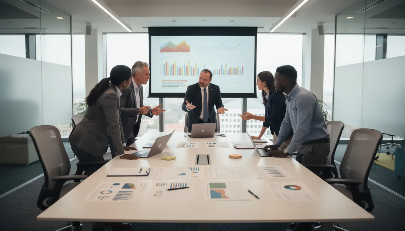 Groupe de cinq professionnels dans un bureau moderne analysant des rapports de diagnostic de performance énergétique, entourés de documents et d'un écran de projection.