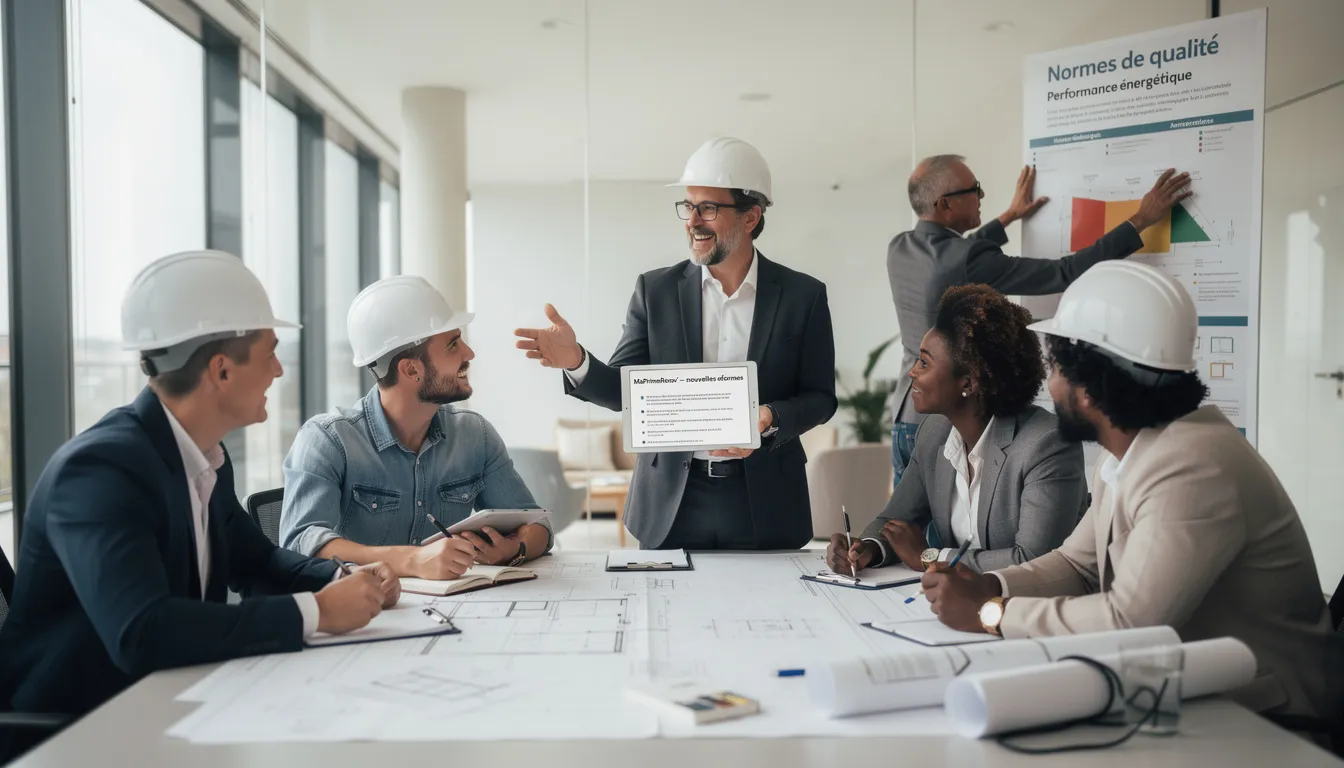 Cinq professionnels de la rénovation discutant des réformes de MaPrimeRénov’ dans un bureau moderne, avec un tableau et des plans de rénovation sur la table.