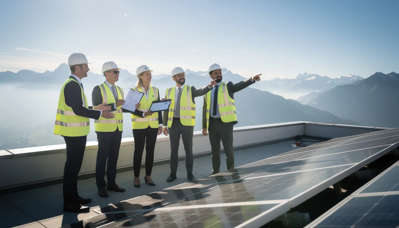 Cinq professionnels en costumes et gilets de sécurité inspectant un bâtiment en altitude, discutant des lignes directrices en matière d'efficacité énergétique et du DPE, avec une vue panoramique sur les montagnes.