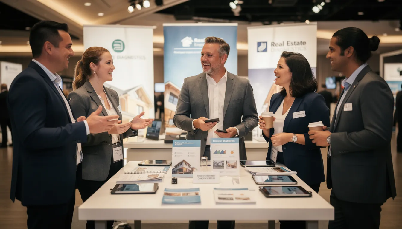 Un groupe de six professionnels au salon des RVDI 2026, échangeant des idées autour d'un stand d'informations sur les services de diagnostic immobilier.