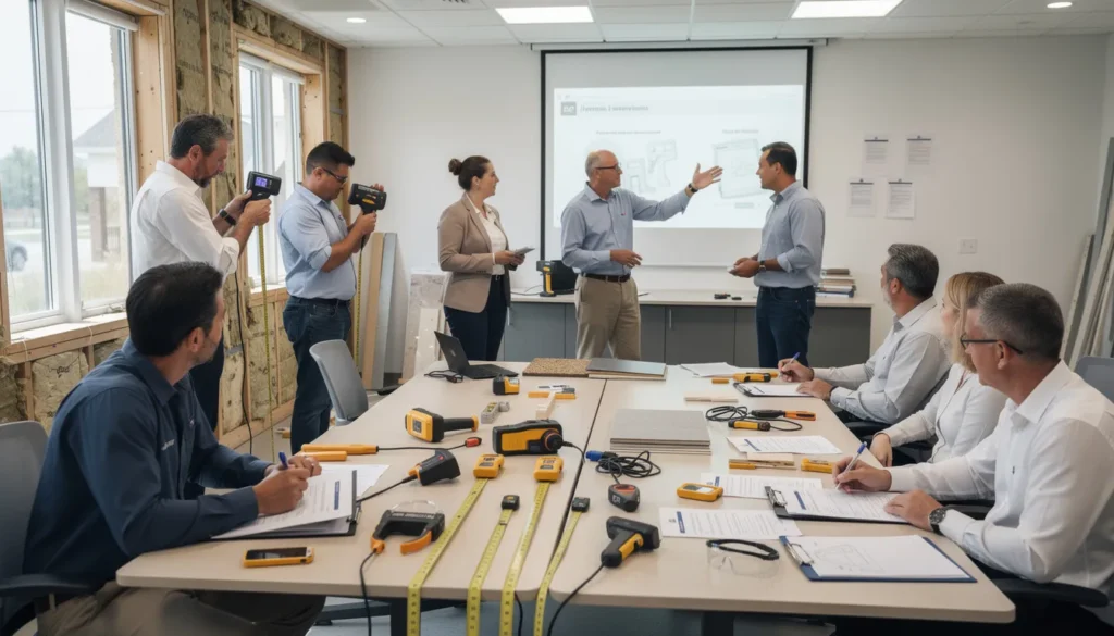 Des professionnels en formation dans un environnement d'apprentissage pratique, examinant une propriété résidentielle pour des diagnostics immobiliers avec des outils sur les tables.