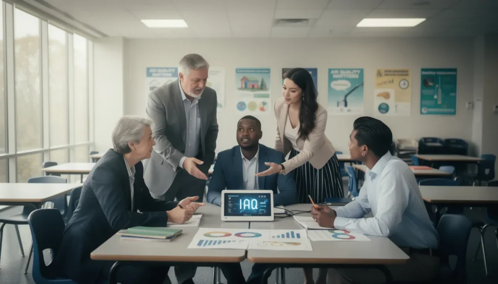 Cinq éducateurs discutant de l'importance de la qualité de l'air intérieur dans une salle de classe moderne, entourés de graphiques et d'un moniteur de qualité de l'air.