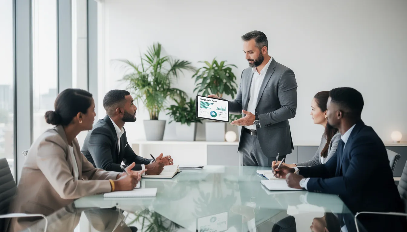 Cinq professionnels en tenue d'affaires se réunissant dans un bureau moderne pour examiner un rapport d'audit énergétique, mettant en valeur une ambiance professionnelle.