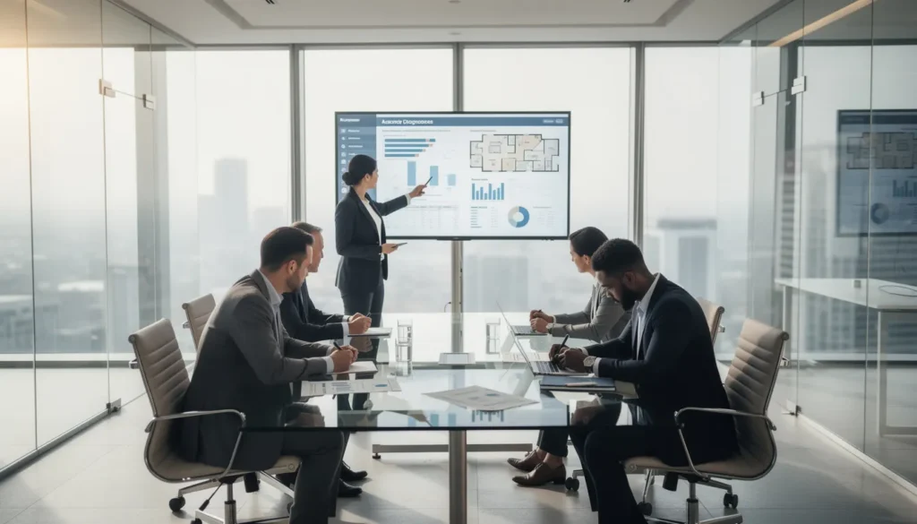 Cinq professionnels dans un bureau moderne en réunion sur les diagnostics immobiliers, examinant un rapport technique affiché à l'écran.