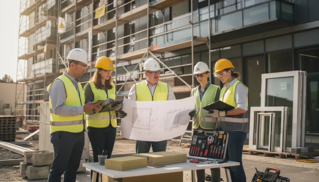 Cinq professionnels sur un chantier discutant de projets de rénovations énergétiques, avec des plans et des outils dans un environnement de travail sécurisé.