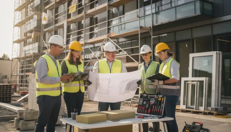Cinq professionnels sur un chantier discutant de projets de rénovations énergétiques, avec des plans et des outils dans un environnement de travail sécurisé.