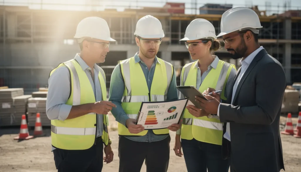 Cinq professionnels sur un chantier discutant des résultats d'un diagnostic de performance énergétique, examinant un rapport sur un document, avec une ambiance dynamique et professionnelle.