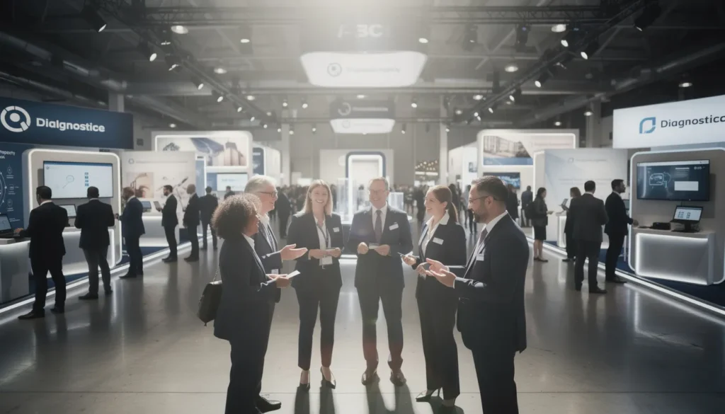 Un groupe de plus de cinq professionnels discutant lors d'une conférence sur le diagnostic immobilier, entourés de stands d'exposition et d'une ambiance dynamique.