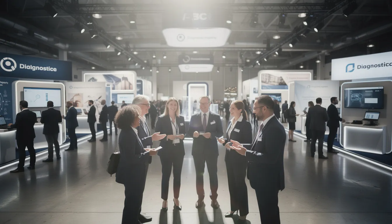 Un groupe de plus de cinq professionnels discutant lors d'une conférence sur le diagnostic immobilier, entourés de stands d'exposition et d'une ambiance dynamique.