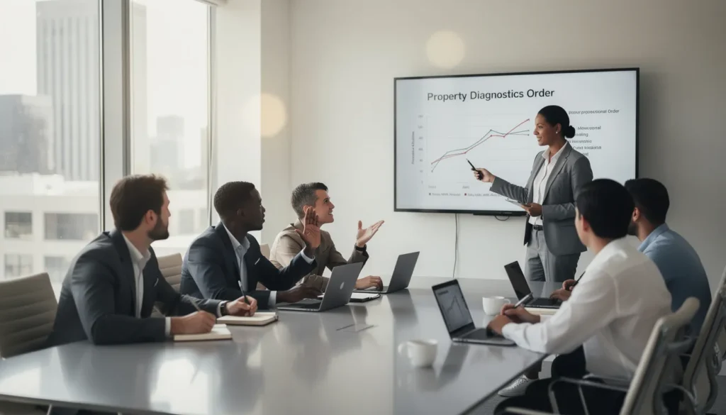 Cinq professionnels réunis dans un bureau moderne discutant de la création d'un quasi-ordre professionnel pour les diagnostiqueurs immobiliers, affichant des graphiques et prenant des notes.