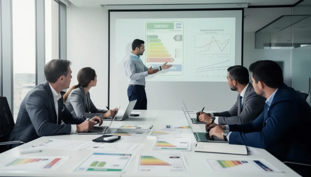 Cinq diagnostiqueurs de propriété dans un bureau moderne discutant des impacts des nouvelles réglementations sur le diagnostic de performance énergétique autour d'une table.